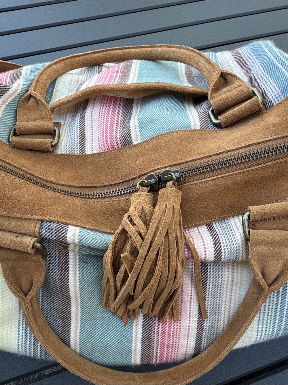 Pottery Barn Suede-Trim Striped Weekender - Tan & Pastel Stripes - Picture 2 of 15